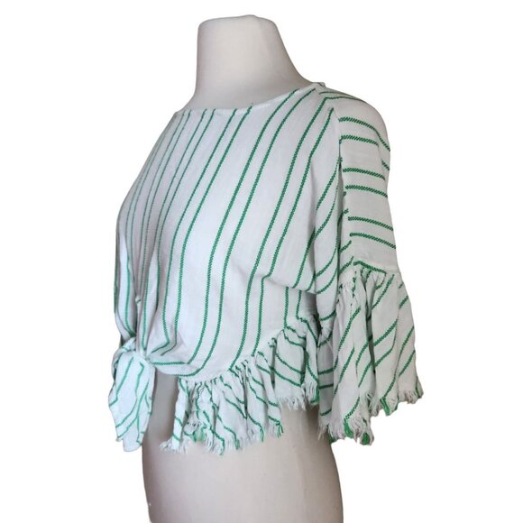 Olivaceous Women Size M Cropped‎ Top Tie Front Stripe Fringe Boho Bell Sleeves - Picture 12 of 13